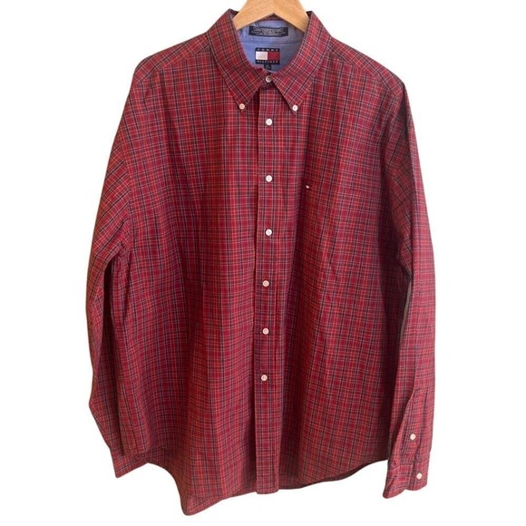 Tommy Hilfiger Red Check Long Sleeve Button Down Cotton Shirt Made In USA XL - Picture 1 of 4